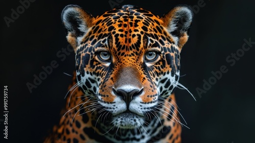 Portrait of a Jaguar on a black background. Leopard on black background