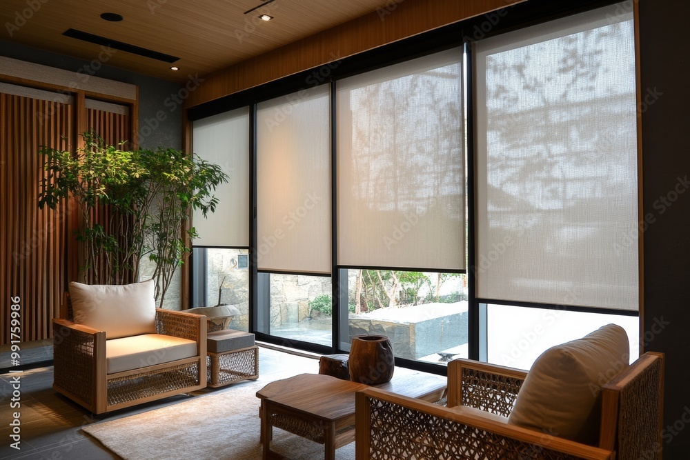 Fototapeta premium Stylish interior featuring large roller blinds and wooden decor panels in a contemporary space during daylight hours
