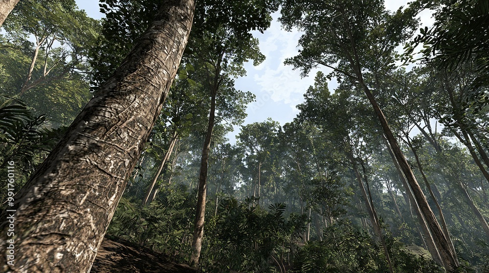 Fototapeta premium A lush group of trees, surrounded by dense foliage, stands tall against a clear blue sky adorned with delicate cloud formations