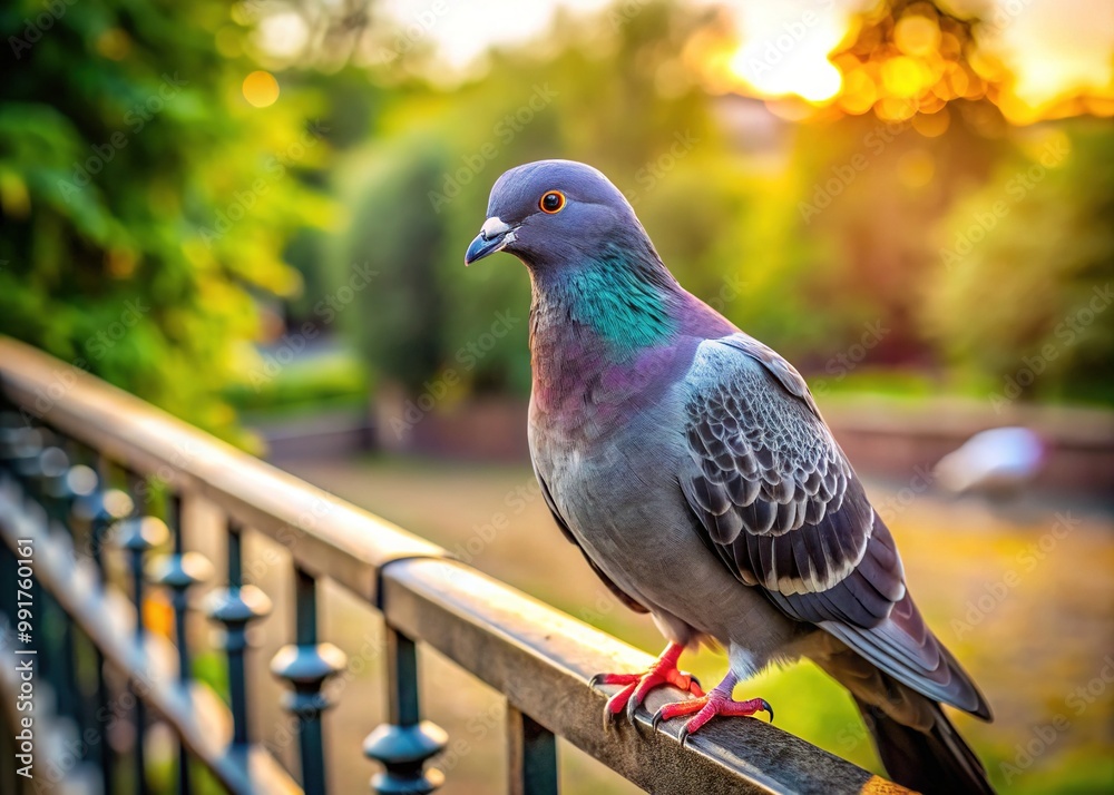 Fototapeta premium Adorable Cute Pigeon Perched on a Fence with Soft Lighting and Beautiful Natural Background