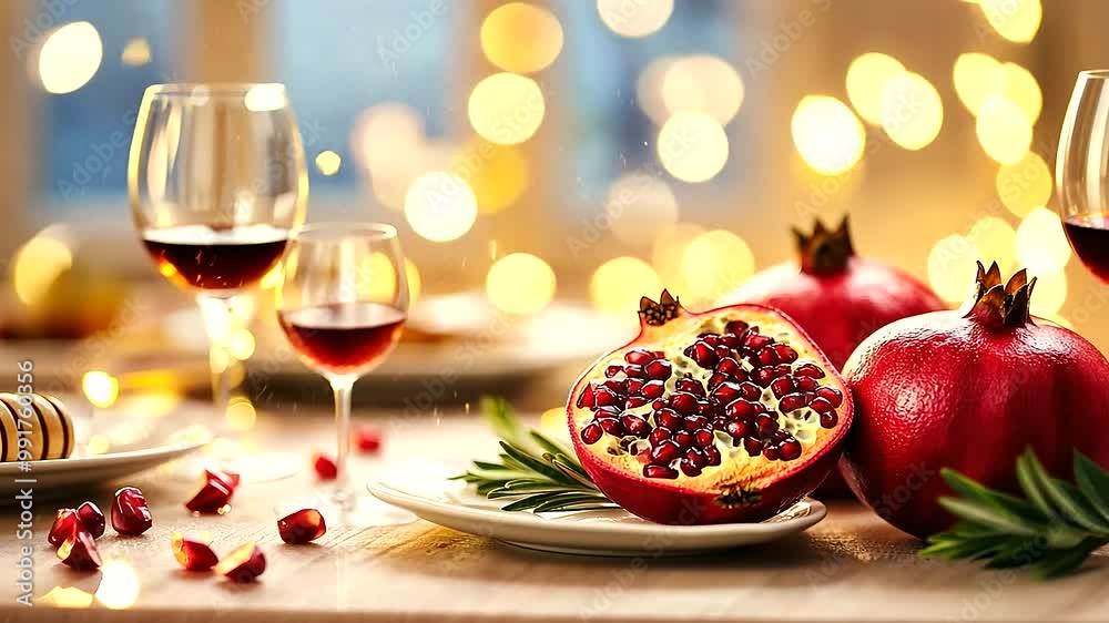A vibrant pomegranate split open on a festive table, with its ruby-red seeds glistening under the light. Surrounding the pomegranate are other symbolic foods like apples and honey