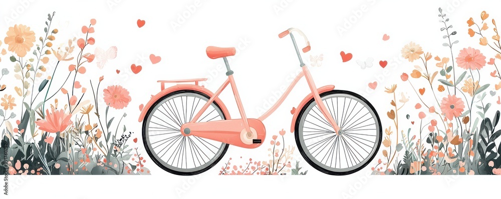 Fototapeta premium Charming pink bicycle surrounded by beautiful floral decorations and hearts for a whimsical garden scene