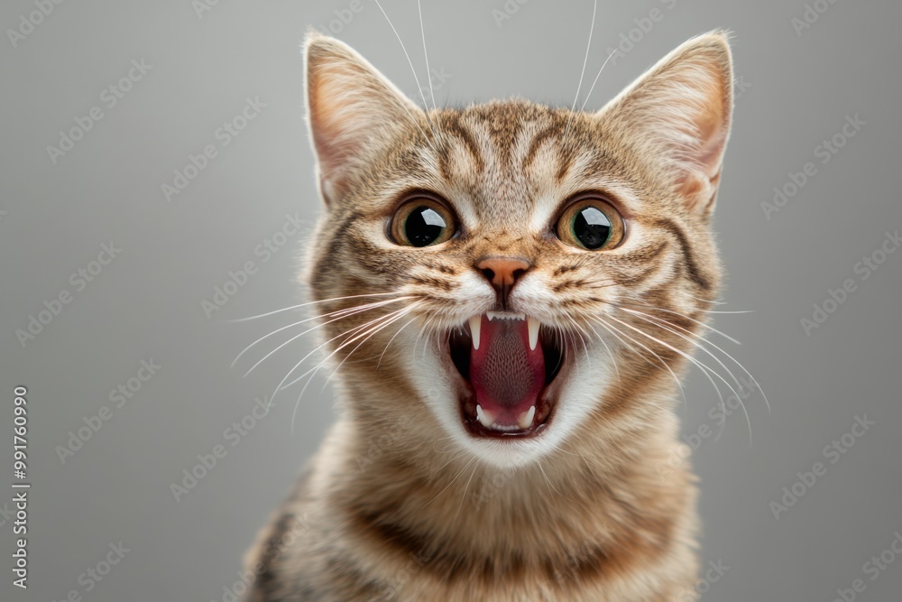 Excited cat displaying a funny, surprised expression in a playful moment on a clear background Excited cat displaying a funny, surprised expression in a playful moment on a clear background
