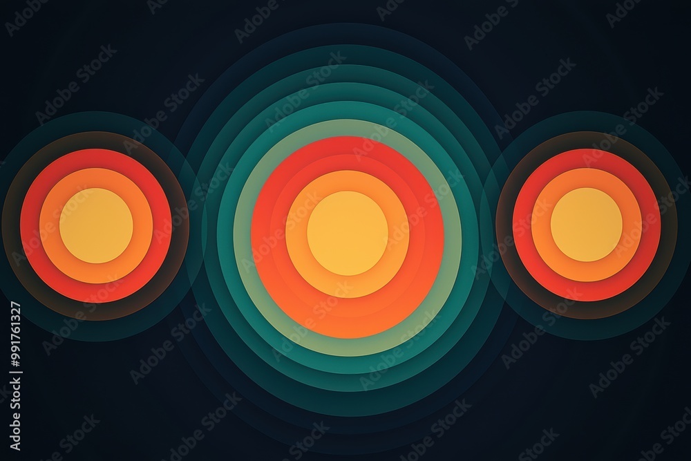 Abstract flat  illustration with colorful concentric circles in vibrant gradient hues on a dark background, perfect for modern design elements and artistic visuals.