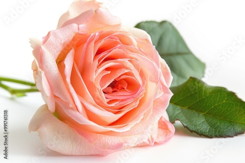 A single pink rose with green leaves on a white surface, perfect for decoration or photography