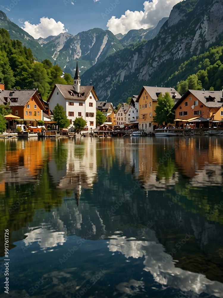Peaceful summer atmosphere in Hallstatt, Austria, with a picturesque village reflected in the lake. Peaceful summer atmosphere in Hallstatt, Austria, with a picturesque village reflected in the lake.