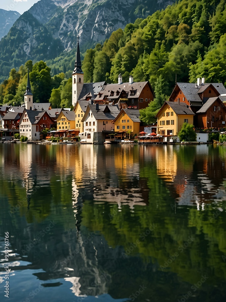 Peaceful summer atmosphere in Hallstatt, Austria, with a picturesque village reflected in the lake. Peaceful summer atmosphere in Hallstatt, Austria, with a picturesque village reflected in the lake.