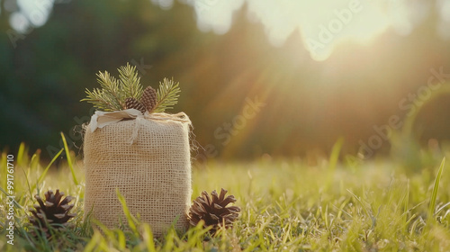 Decorative Burlap Sack With Pinecones and Greenery in a Sunny Outdoor Setting photo