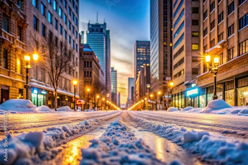 Frost, Winter Wonderland,Winter, Covered, Weather, Snowstorm, Cold, Canadian, Winnipeg, Cityscape, Chill, Winnipeg Downtown Street covered by Snow in Winter Season Extreme Close Up