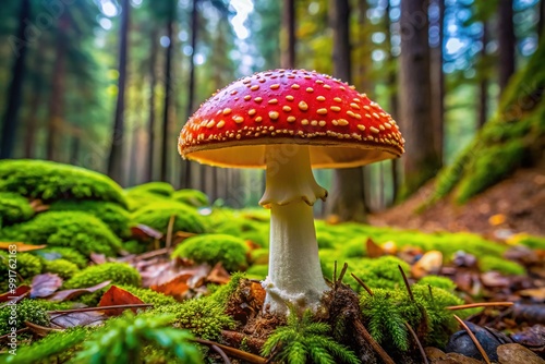 Beautiful yet deadly deathcap mushroom growing in a lush forest environment, showcasing its toxic allure