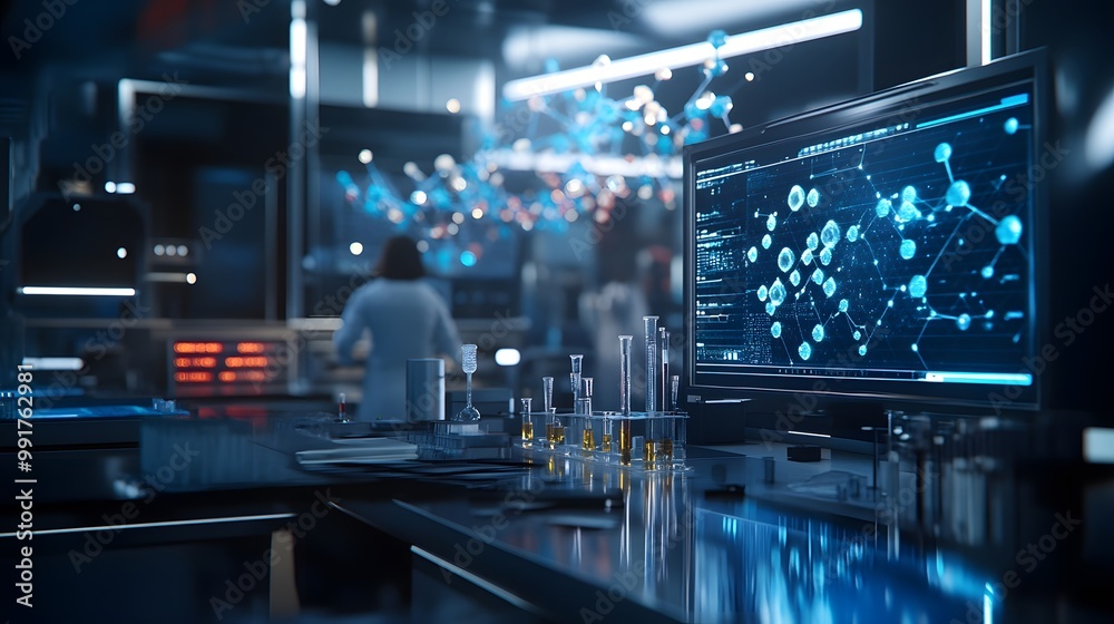 A futuristic lab setting where scientists are collaborating on drug discovery, showcasing advanced technology and research equipment, with molecules visualized in the background A futuristic lab setting where scientists are collaborating on drug discovery, showcasing advanced technology and research equipment, with molecules visualized in the background