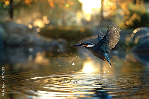 Kingfisher bird leaving water surface after fishing