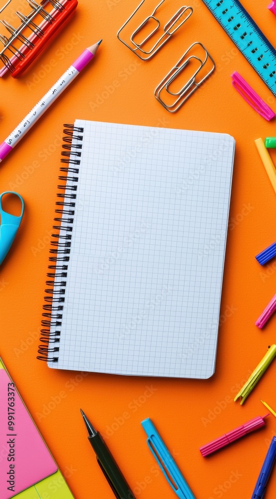 Flat lay photo of a blank white spiral notebook surrounded by colorful stationery on an orange background Flat lay photo of a blank white spiral notebook surrounded by colorful stationery on an orange background