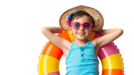 Happy little boy wearing summer clothes with inflatable swimming circle on transparent and white background, cut out png