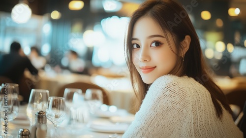Beautiful Asian woman sitting at the table in cafe looking into camera. Young female having a good time at restaurant