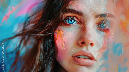 Close-up portrait of a woman with striking blue eyes