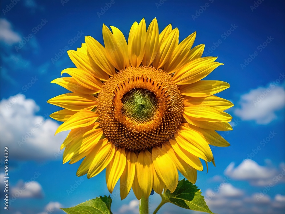 Cheerful Cartoon Sunflower with Bright Yellow Petals and Smiling Face on a Clear Blue Background Cheerful Cartoon Sunflower with Bright Yellow Petals and Smiling Face on a Clear Blue Background