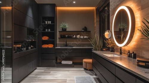 Wallpaper Mural High-tech bathroom with smart skincare setup and modern design featuring a sleek vanity and ambient lighting Torontodigital.ca