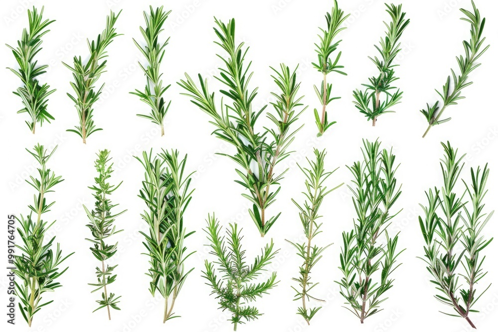Fresh rosemary sprigs arranged on a clean white background, perfect for use in still life or nature-inspired compositions Fresh rosemary sprigs arranged on a clean white background, perfect for use in still life or nature-inspired compositions