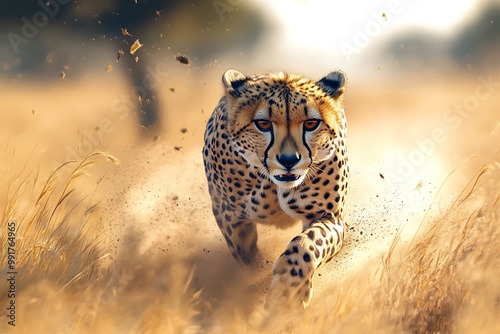 Cheetah running at full speed on the savannah