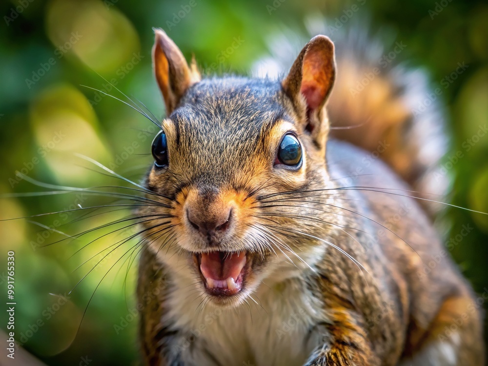 Fototapeta premium Close-up of a rabid squirrel showing aggressive behavior in a natural outdoor setting