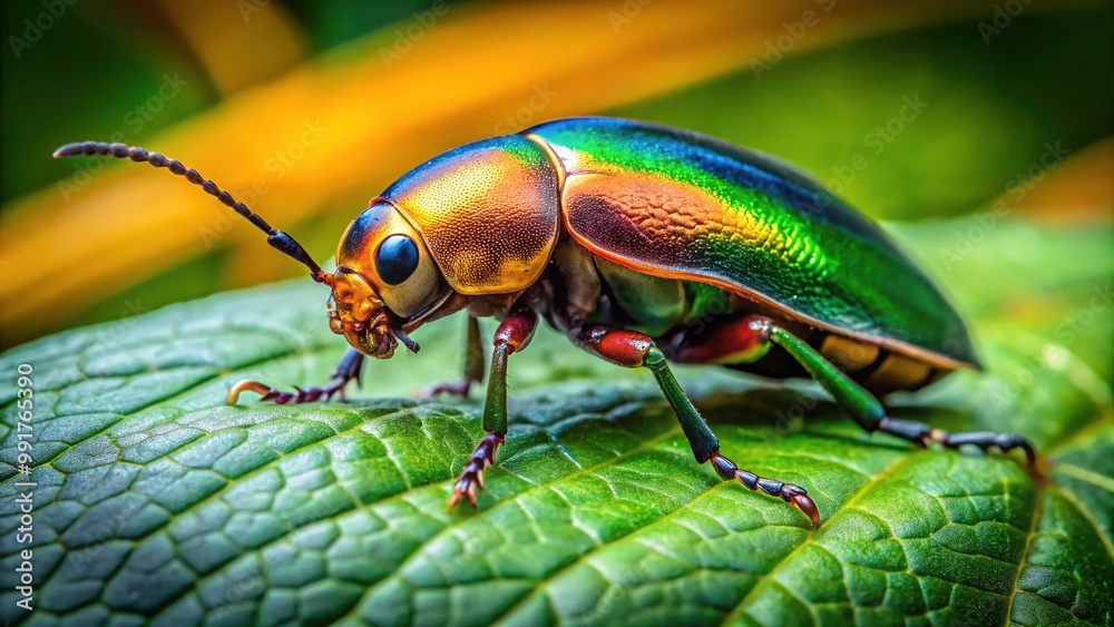 Close-up of a vibrant junebug resting on a green leaf in a lush garden during a sunny day Close-up of a vibrant junebug resting on a green leaf in a lush garden during a sunny day