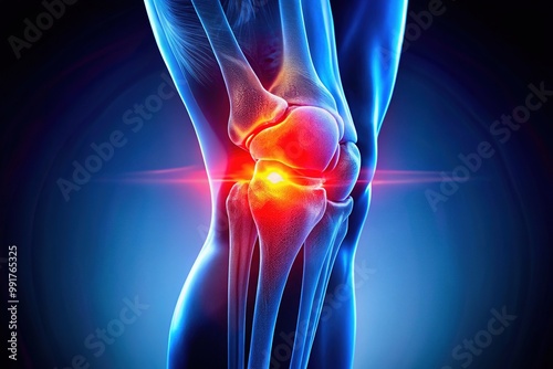 Close-up of a painful knee joint highlighting inflammation and symptoms of gout in medical context