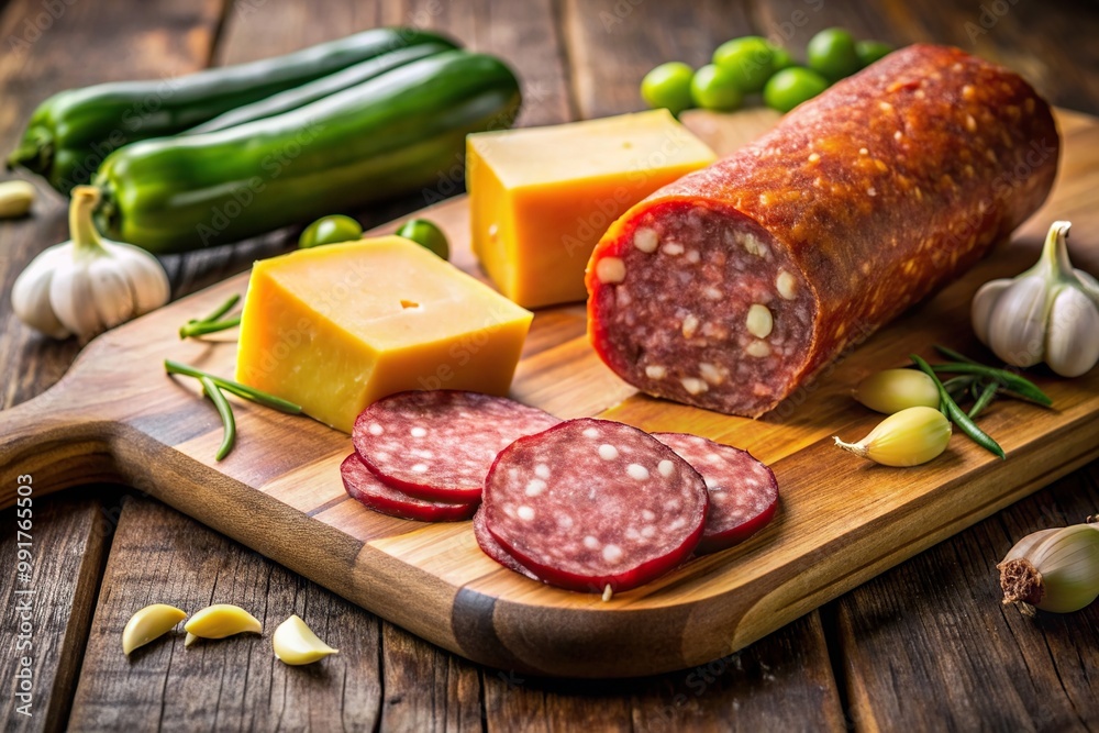 savory, garlic, wooden, background, appetizer, food, platter, cheese, flavor, spicy, gourmet, Sliced jalapeno cheddar summer sausage with cheese and garlic on a wooden cutting board savory, garlic, wooden, background, appetizer, food, platter, cheese, flavor, spicy, gourmet, Sliced jalapeno cheddar summer sausage with cheese and garlic on a wooden cutting board
