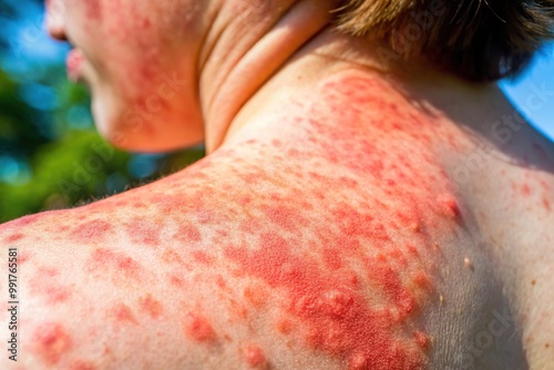 Close-up of heat rash on skin surface showing redness and irritation caused by hot weather conditions photo