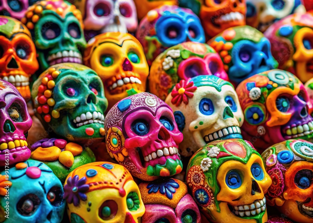 Colorful array of vibrant candy skulls arranged artistically for festive decoration and celebration Colorful array of vibrant candy skulls arranged artistically for festive decoration and celebration