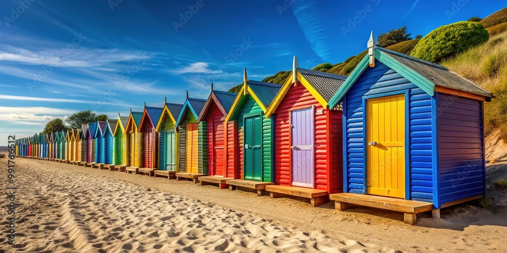 Naklejka premium Colorful Beach Huts Lined Up Along a Sandy Shore Under a Clear Blue Sky on a Sunny Day