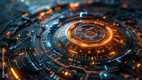 A detailed futuristic interface featuring glowing orange and blue circuits, symbolizing advanced technology, data systems, and digital innovation.