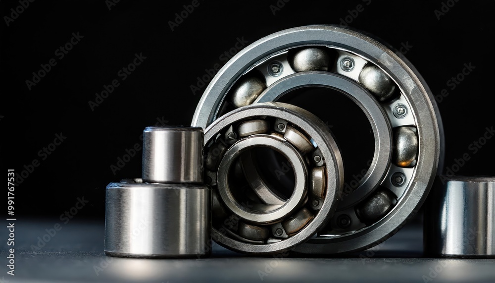 Close up shot of roller bearings set against a black backdrop purposely left empty to spark Close up shot of roller bearings set against a black backdrop purposely left empty to spark