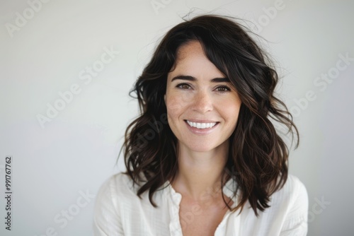 : Elegant dark brown-haired woman portrait on white background, highlighting wellness.