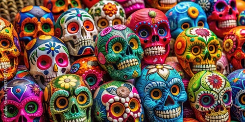 Colorful Mexican Sugar Skulls Celebrating Day of the Dead with Intricate Designs and Patterns