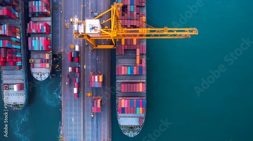 Logistics and transportation of container cargo ship working crane bridge in shipyard