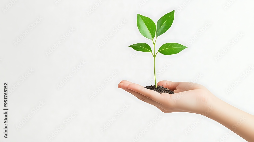 A hand holding a small green plant with soil against a white background. A hand holding a small green plant with soil against a white background.