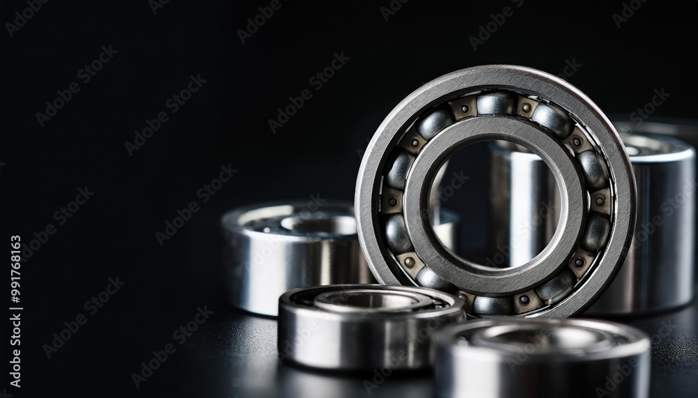 Close up shot of roller bearings set against a black backdrop purposely left empty to spark Close up shot of roller bearings set against a black backdrop purposely left empty to spark