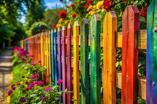 Colorful wooden fence with vibrant paint and rustic charm in a sunny outdoor garden setting photo