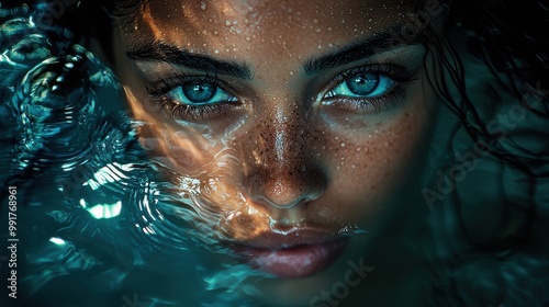 Close-up portrait of a woman with intense focus and captivating blue eyes in shimmering water