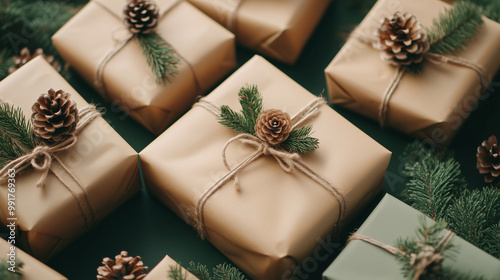 Beautifully Wrapped Gifts Adorned With Pine Cones and Foliage for a Cozy Festive Celebration photo