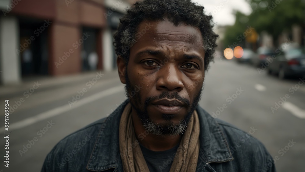 Portrait of a homeless African American man on the streets.