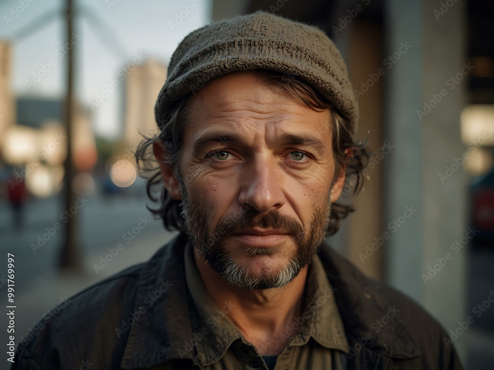 Portrait of a homeless Caucasian man on the streets.