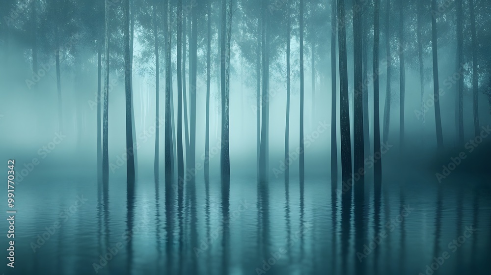 Fototapeta premium A series of thin, vertical lines representing a forest, with an ethereal mist enveloping the scene, creating mystery