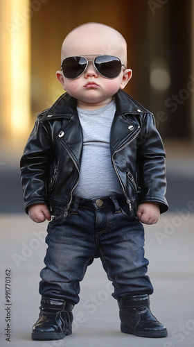 Baby wearing a leather jacket and sunglasses with a cool biker attitude, combining toddler features with fashionable biker-style clothing for a humorous and bold look, street setting with blurred back photo