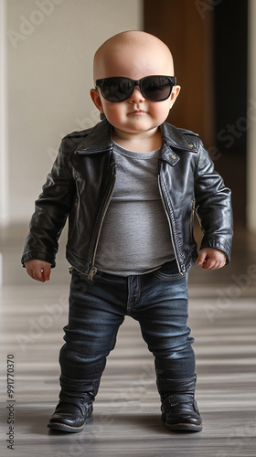 Baby wearing a leather jacket and sunglasses with a cool biker attitude, combining toddler features with fashionable biker-style clothing for a humorous and bold look, street setting with blurred back photo