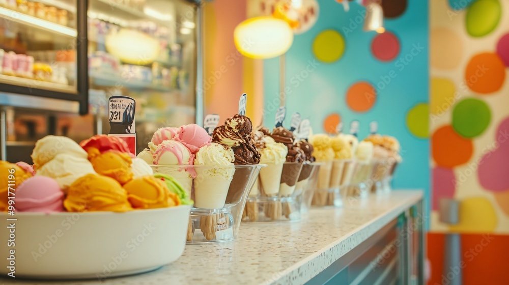 A variety of colorful ice cream scoops served in glass cups on a countertop. A variety of colorful ice cream scoops served in glass cups on a countertop.