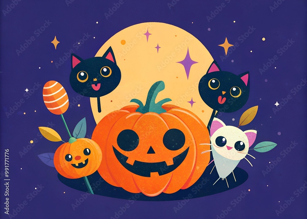Halloween banner. Halloween vibes, cute cats pets and craved pumpkins at blue background. Cute cartoon kids illustration. Halloween banner. Halloween vibes, cute cats pets and craved pumpkins at blue background. Cute cartoon kids illustration.
