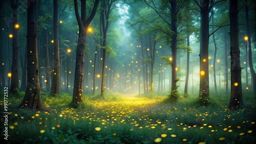 Fototapeta Naklejka Na Ścianę i Meble -  Darkened forest with fireflies casting an ethereal glow, night, fireflies, glow, surreal, ambiance,forest, wilderness, ambiance, tranquil, magical, minimalism, mystical, nature, beauty