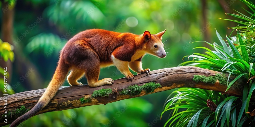 Fototapeta premium Endearing Tree-Kangaroo Climbing on Branch in Lush Green Rainforest Habitat of Australia